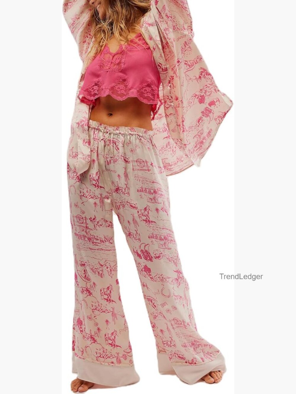 Pink Printed Lounge Pant Set with Magenta Lace Cami